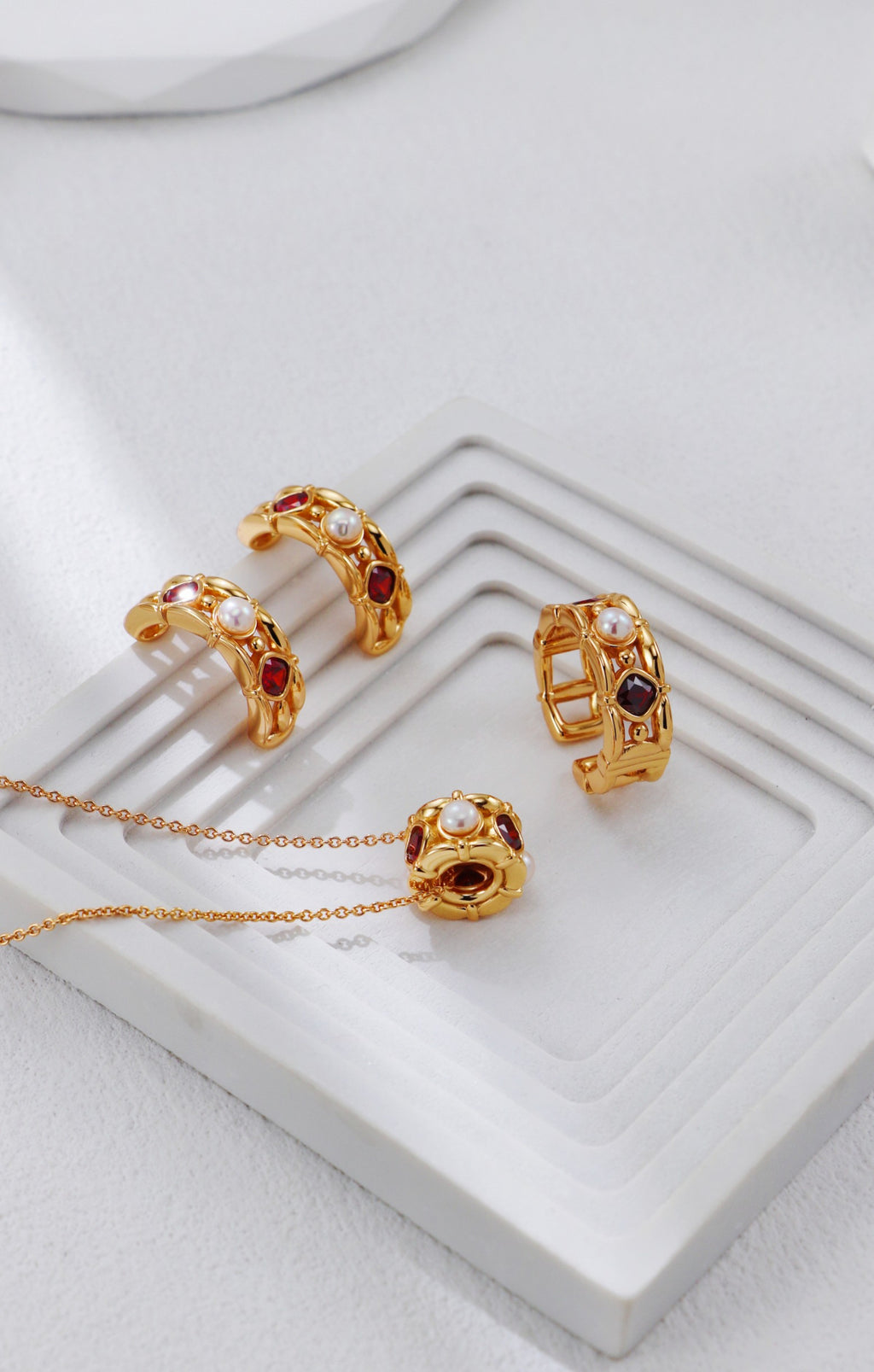 Crimson Echo Red Gemstone & Natural Pearl S925 Jewelry Collection