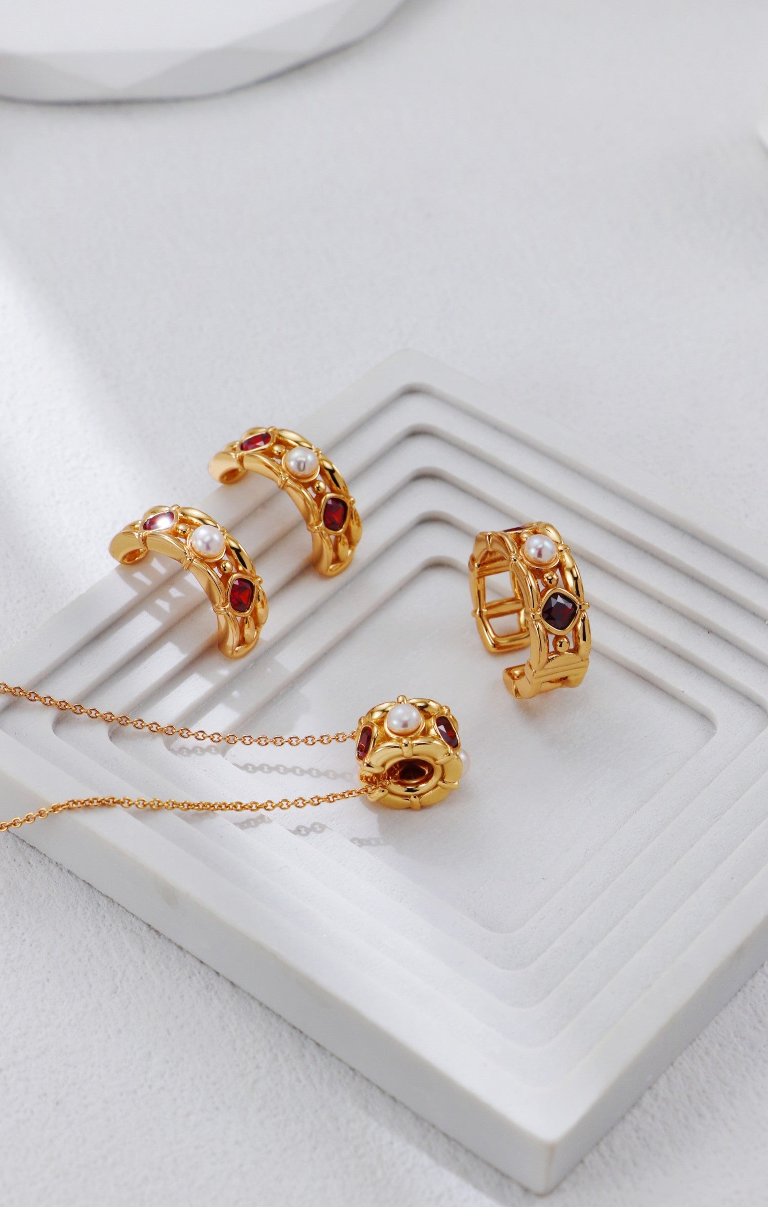 Crimson Echo Red Gemstone & Natural Pearl S925 Jewelry Collection