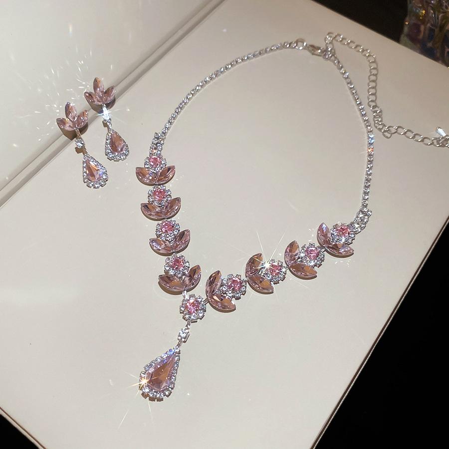 Romantic Pink Crystal Drop Tassel Jewelry Set