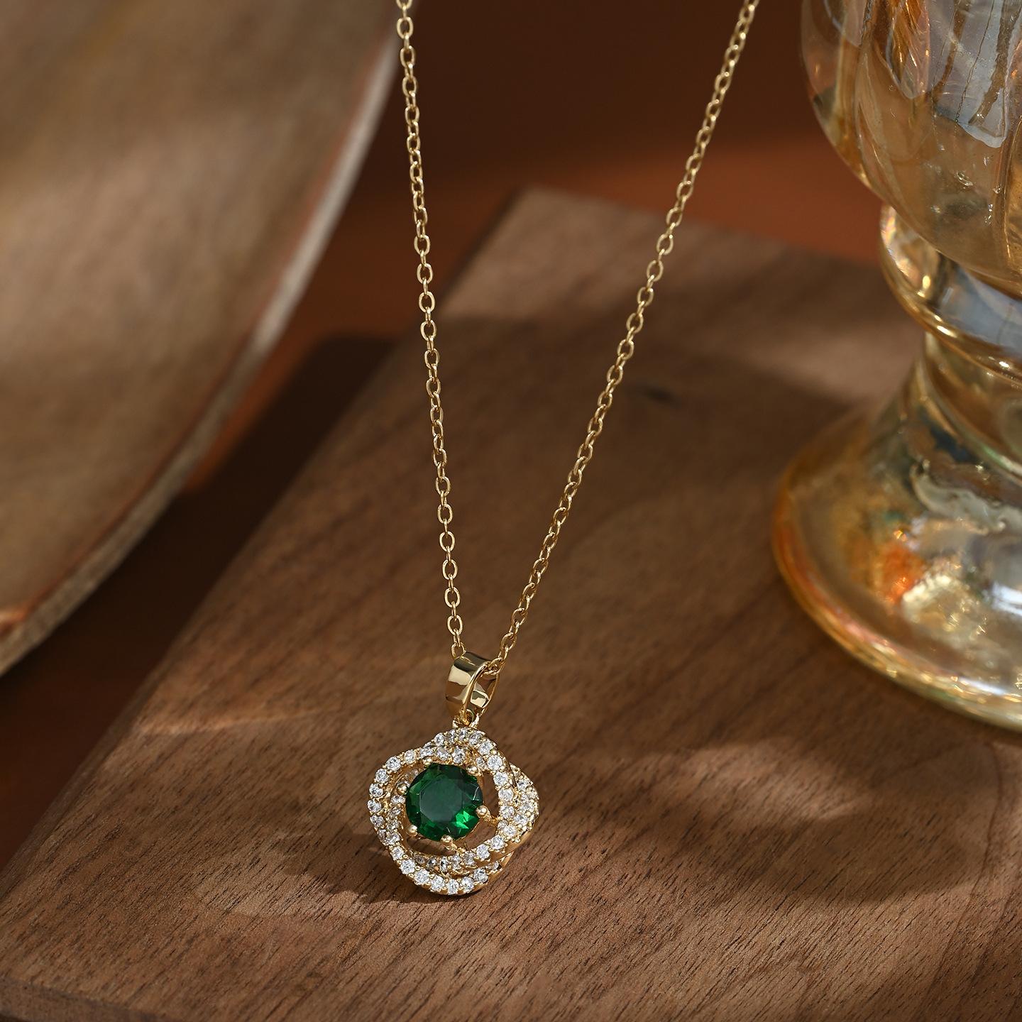 172-173.Emerald Crystal Swirl Halo Pendant Necklace (Silver & Gold)
