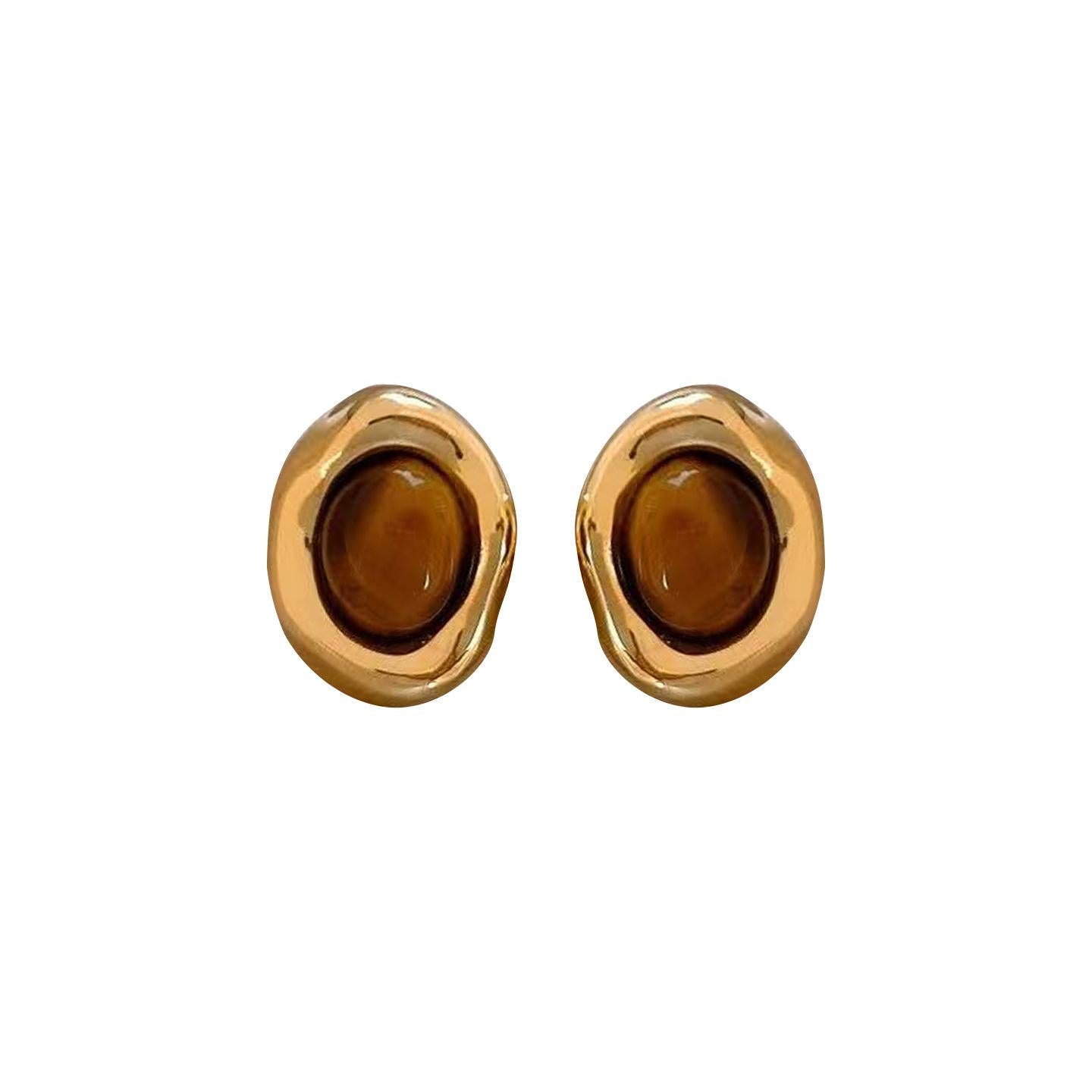 159Vintage Amber Oval Gold-Rimmed Stud Earrings